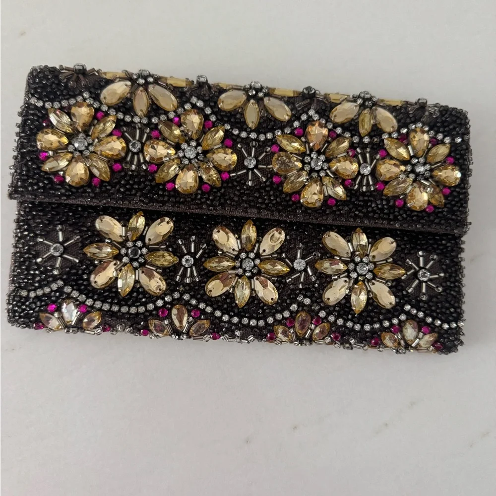 Anthropologie Black Beaded Floral Crystal Clutch with Gold and Pink Accents